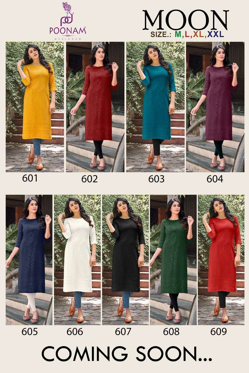 MOON BY POONAM DESIGNER 601 TO 610 SERIES DESIGNER STYLISH FANCY COLORFUL BEAUTIFUL PARTY WEAR & ETHNIC WEAR COLLECTION PURE RAYON KURTIS AT WHOLESALE PRICE