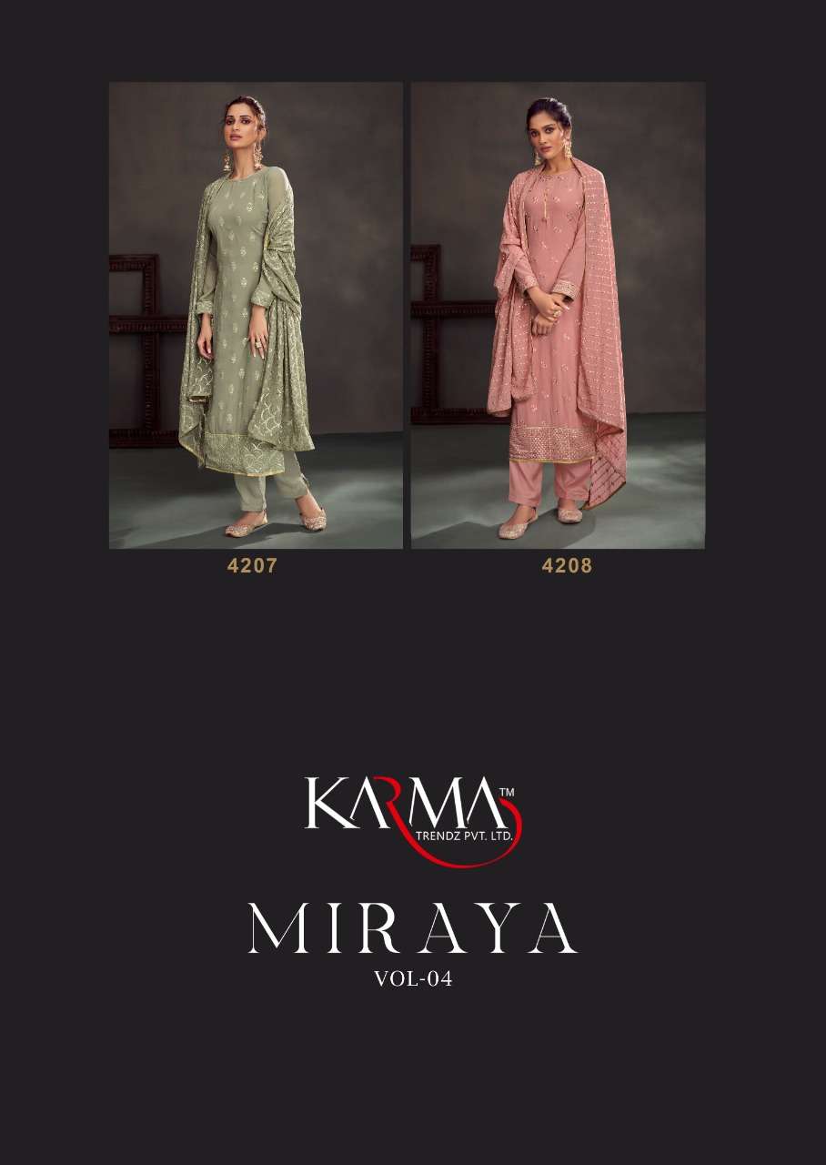 MIRAYA VOL-4 BY KARMA TRENDZ 4203 TO 4208 SERIES BEAUTIFUL COLORFUL STYLISH PRETTY PARTY WEAR CASUAL WEAR OCCASIONAL WEAR PURE GEORGETTE EMBROIDERED DRESSES AT WHOLESALE PRICE