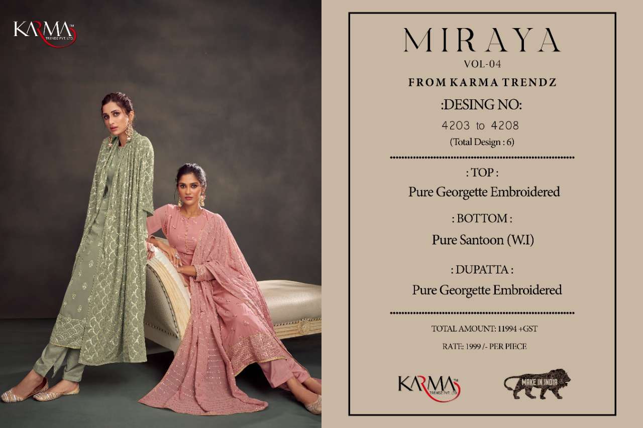 MIRAYA VOL-4 BY KARMA TRENDZ 4203 TO 4208 SERIES BEAUTIFUL COLORFUL STYLISH PRETTY PARTY WEAR CASUAL WEAR OCCASIONAL WEAR PURE GEORGETTE EMBROIDERED DRESSES AT WHOLESALE PRICE