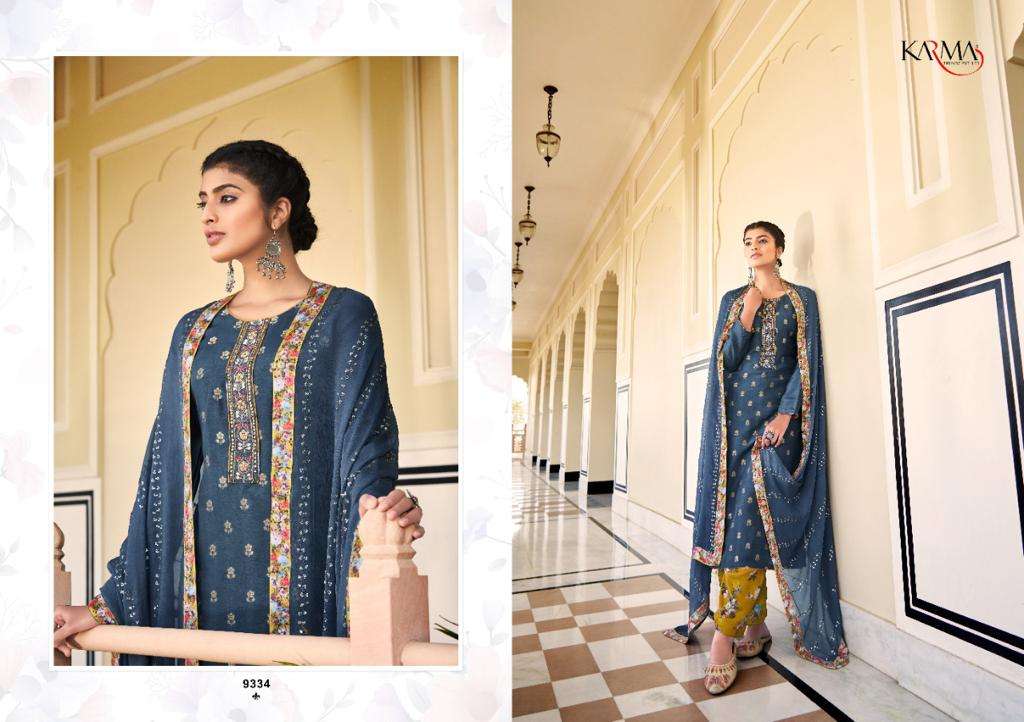 ZOEY VOL-3 BY KARMA TRENDZ 9333 TO 9339 SERIES BEAUTIFUL COLORFUL STYLISH PRETTY PARTY WEAR CASUAL WEAR OCCASIONAL WEAR PURE SILK JACQUARD DRESSES AT WHOLESALE PRICE