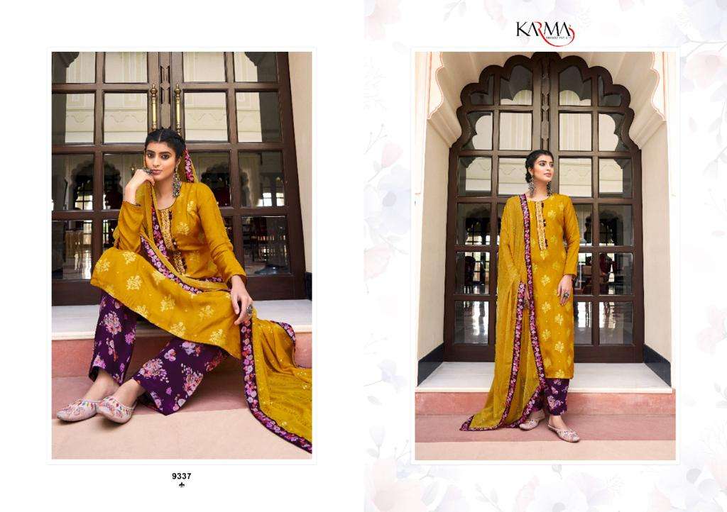 ZOEY VOL-3 BY KARMA TRENDZ 9333 TO 9339 SERIES BEAUTIFUL COLORFUL STYLISH PRETTY PARTY WEAR CASUAL WEAR OCCASIONAL WEAR PURE SILK JACQUARD DRESSES AT WHOLESALE PRICE