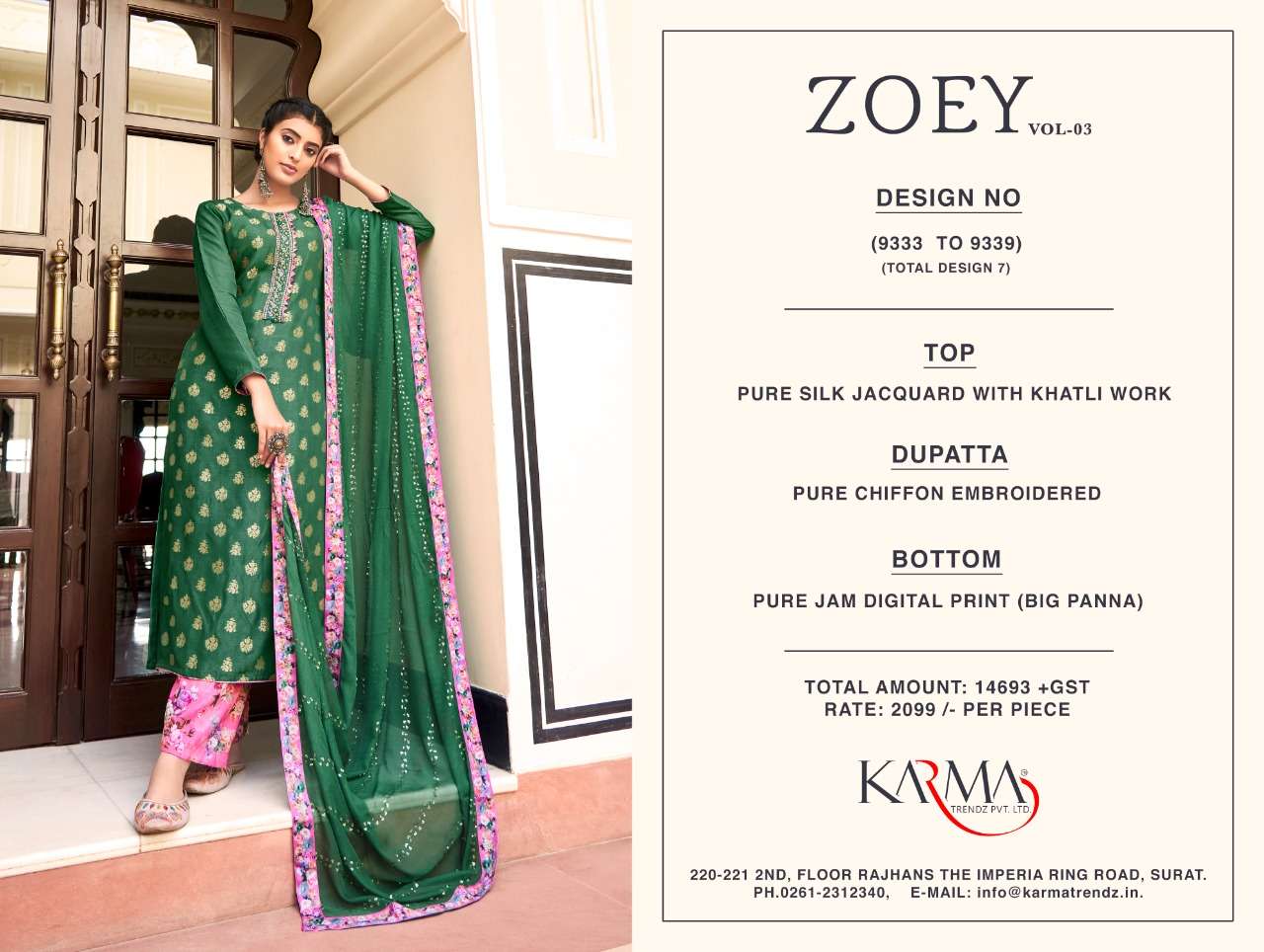 ZOEY VOL-3 BY KARMA TRENDZ 9333 TO 9339 SERIES BEAUTIFUL COLORFUL STYLISH PRETTY PARTY WEAR CASUAL WEAR OCCASIONAL WEAR PURE SILK JACQUARD DRESSES AT WHOLESALE PRICE