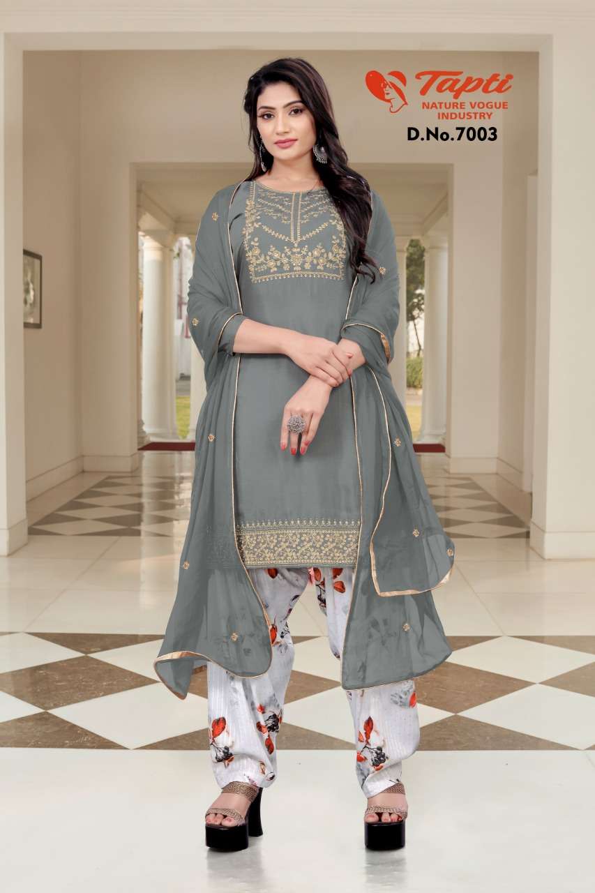 TAPTI 7001 SERIES BY TAPTI 7001 TO 7006 SERIES BEAUTIFUL SUITS COLORFUL STYLISH FANCY CASUAL WEAR & ETHNIC WEAR PURE VISCOSE MUSLIN EMBROIDERED DRESSES AT WHOLESALE PRICE