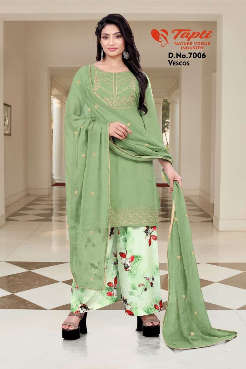 TAPTI 7001 SERIES BY TAPTI 7001 TO 7006 SERIES BEAUTIFUL SUITS COLORFUL STYLISH FANCY CASUAL WEAR & ETHNIC WEAR PURE VISCOSE MUSLIN EMBROIDERED DRESSES AT WHOLESALE PRICE