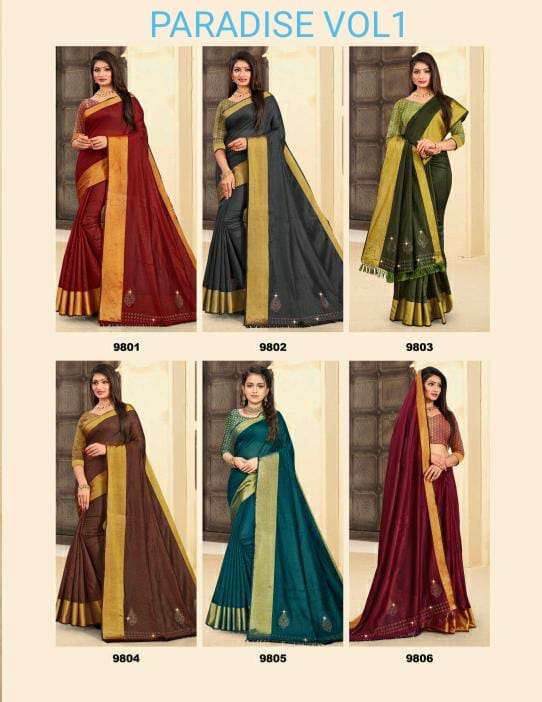 PARADISE BY SAROJ 9801 TO 9806 SERIES INDIAN TRADITIONAL WEAR COLLECTION BEAUTIFUL STYLISH FANCY COLORFUL PARTY WEAR & OCCASIONAL WEAR SOFT COTTON SAREES AT WHOLESALE PRICE