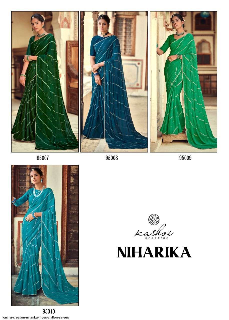 NIHARIKA BY KASHVI CREATION 95001 TO 95010 SERIES INDIAN TRADITIONAL WEAR COLLECTION BEAUTIFUL STYLISH FANCY COLORFUL PARTY WEAR & OCCASIONAL WEAR CHIFFON MOSS SAREES AT WHOLESALE PRICE