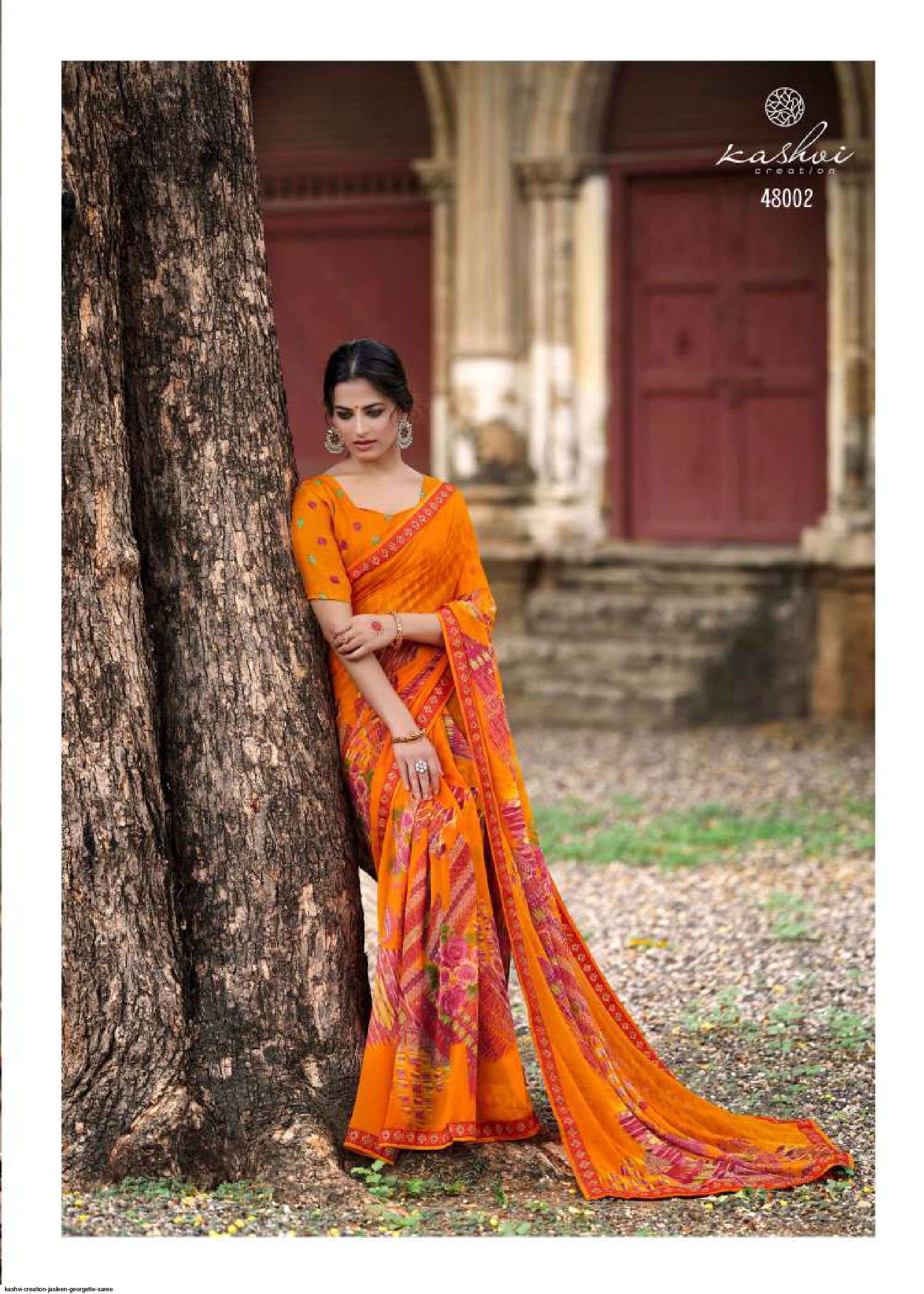 JASLEEN BY KASHVI CREATION 48001 TO 48010 SERIES INDIAN TRADITIONAL WEAR COLLECTION BEAUTIFUL STYLISH FANCY COLORFUL PARTY WEAR & OCCASIONAL WEAR GEORGETTE SAREES AT WHOLESALE PRICE