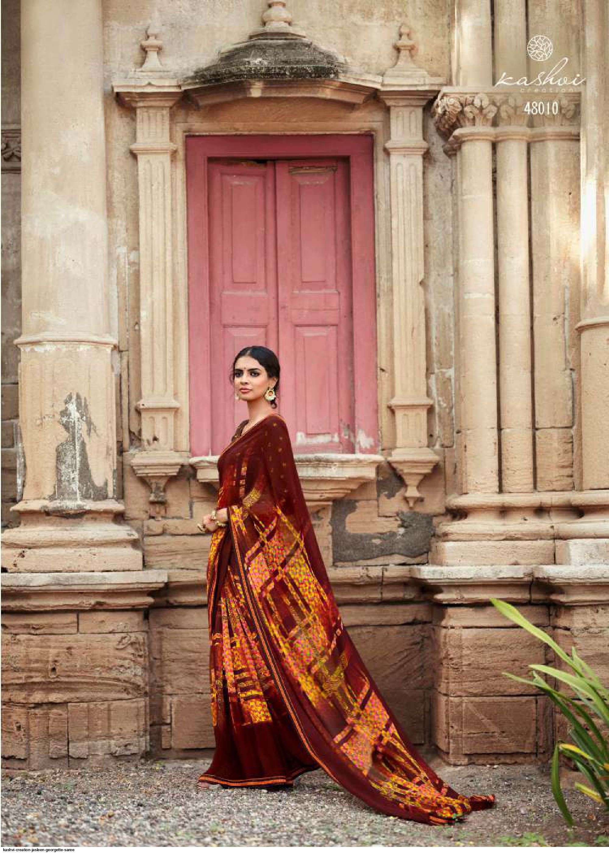 JASLEEN BY KASHVI CREATION 48001 TO 48010 SERIES INDIAN TRADITIONAL WEAR COLLECTION BEAUTIFUL STYLISH FANCY COLORFUL PARTY WEAR & OCCASIONAL WEAR GEORGETTE SAREES AT WHOLESALE PRICE