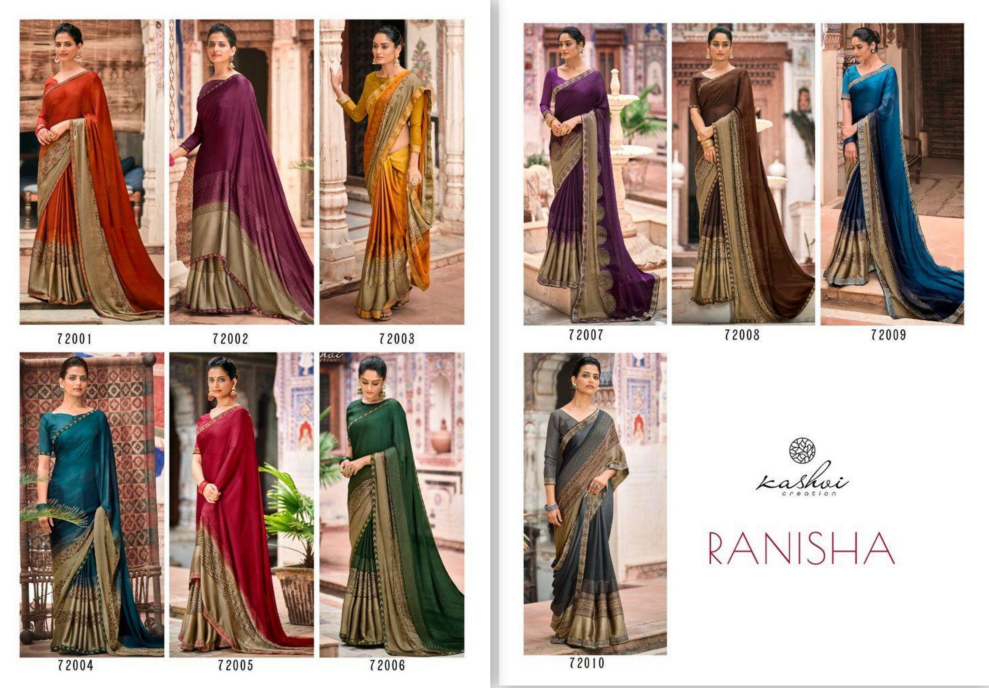 RANISHA BY KASHVI CREATION 72001 TO 72010 SERIES INDIAN TRADITIONAL WEAR COLLECTION BEAUTIFUL STYLISH FANCY COLORFUL PARTY WEAR & OCCASIONAL WEAR FANCY SAREES AT WHOLESALE PRICE