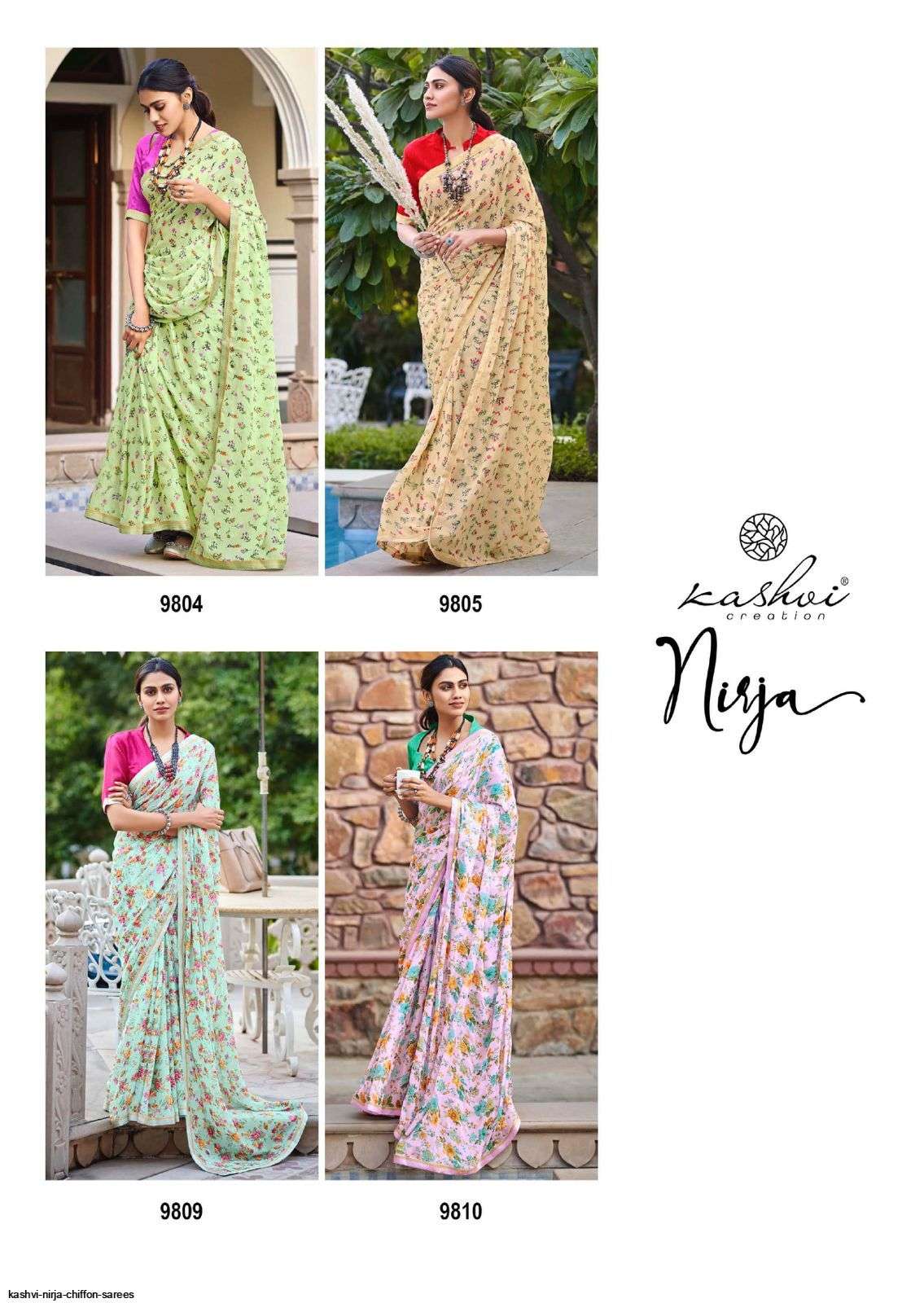 NIRJA BY KASHVI CREATION 9801 TO 9810 SERIES INDIAN TRADITIONAL WEAR COLLECTION BEAUTIFUL STYLISH FANCY COLORFUL PARTY WEAR & OCCASIONAL WEAR CHIFFON SAREES AT WHOLESALE PRICE