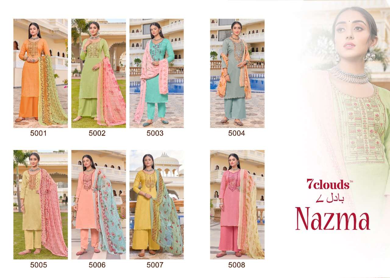 NAZMA BY 7 CLOUDS 5001 TO 5008 SERIES BEAUTIFUL SUITS COLORFUL STYLISH FANCY CASUAL WEAR & ETHNIC WEAR PURE JAM DIGITAL PRINT DRESSES AT WHOLESALE PRICE