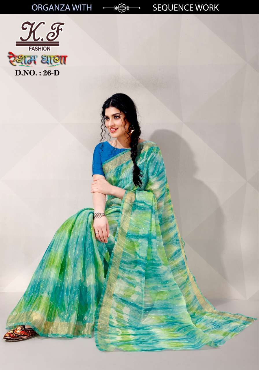 RESHAM DHAGA BY KF FASHION 26-A TO 26-E SERIES INDIAN TRADITIONAL WEAR COLLECTION BEAUTIFUL STYLISH FANCY COLORFUL PARTY WEAR & OCCASIONAL WEAR ORGANZA SAREES AT WHOLESALE PRICE