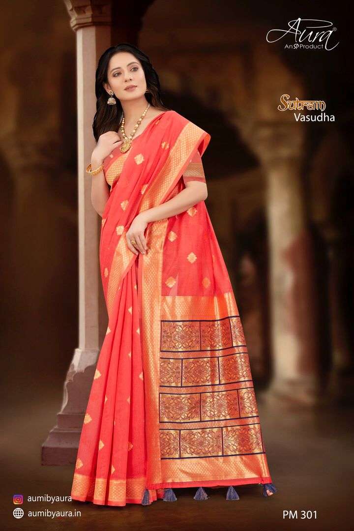 SUTRAM VASUDHA BY AURA 301 TO 306 SERIES INDIAN TRADITIONAL WEAR COLLECTION BEAUTIFUL STYLISH FANCY COLORFUL PARTY WEAR & OCCASIONAL WEAR SOFT COTTON SAREES AT WHOLESALE PRICE