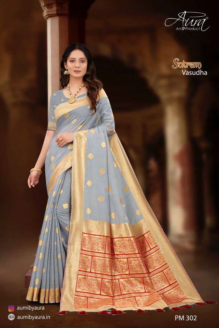 SUTRAM VASUDHA BY AURA 301 TO 306 SERIES INDIAN TRADITIONAL WEAR COLLECTION BEAUTIFUL STYLISH FANCY COLORFUL PARTY WEAR & OCCASIONAL WEAR SOFT COTTON SAREES AT WHOLESALE PRICE