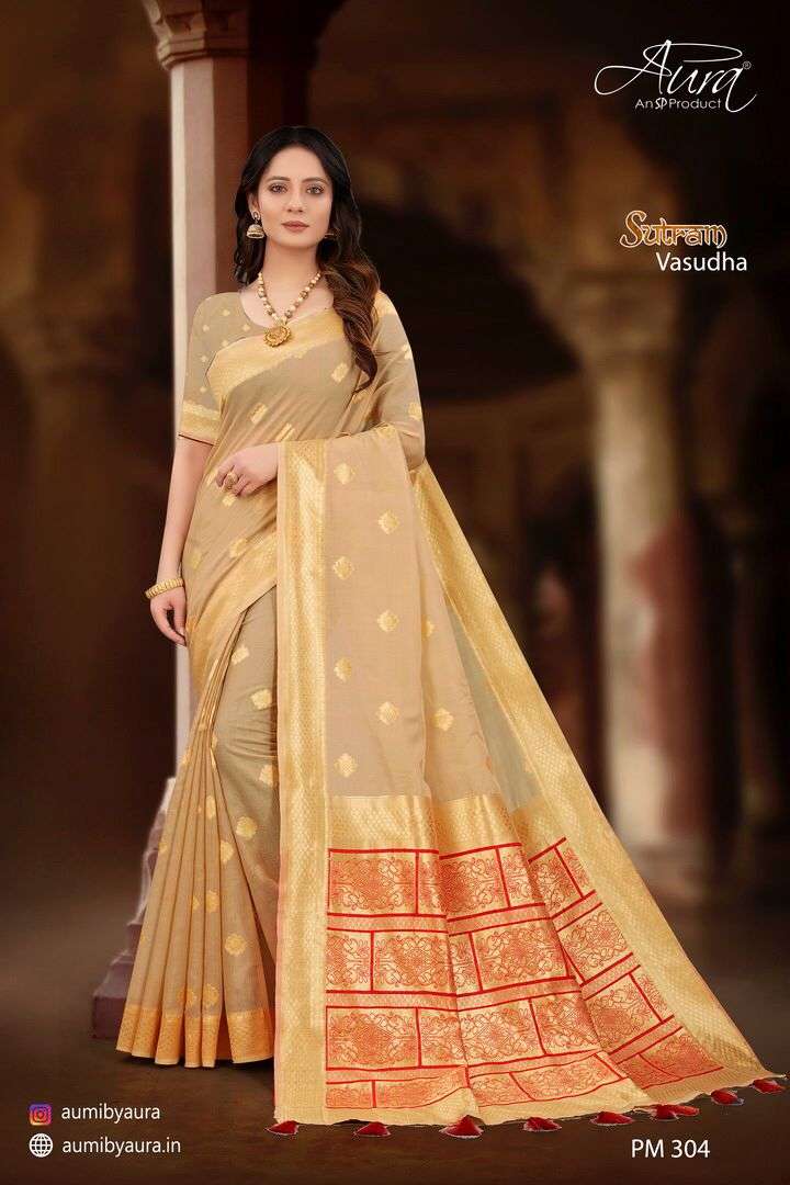 SUTRAM VASUDHA BY AURA 301 TO 306 SERIES INDIAN TRADITIONAL WEAR COLLECTION BEAUTIFUL STYLISH FANCY COLORFUL PARTY WEAR & OCCASIONAL WEAR SOFT COTTON SAREES AT WHOLESALE PRICE