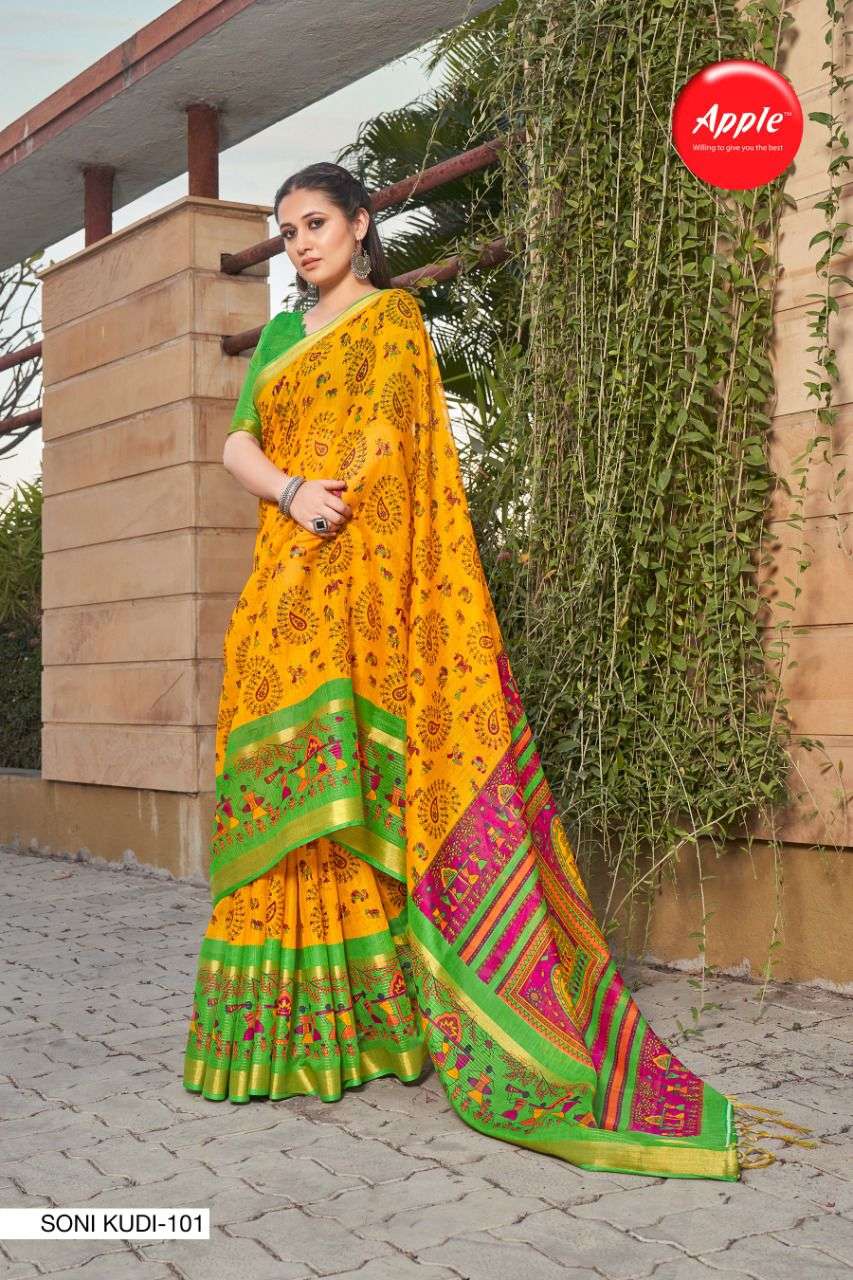 SONI KUDI BY APPLE 101 TO 108 SERIES INDIAN TRADITIONAL WEAR COLLECTION BEAUTIFUL STYLISH FANCY COLORFUL PARTY WEAR & OCCASIONAL WEAR SOFT LINEN SAREES AT WHOLESALE PRICE