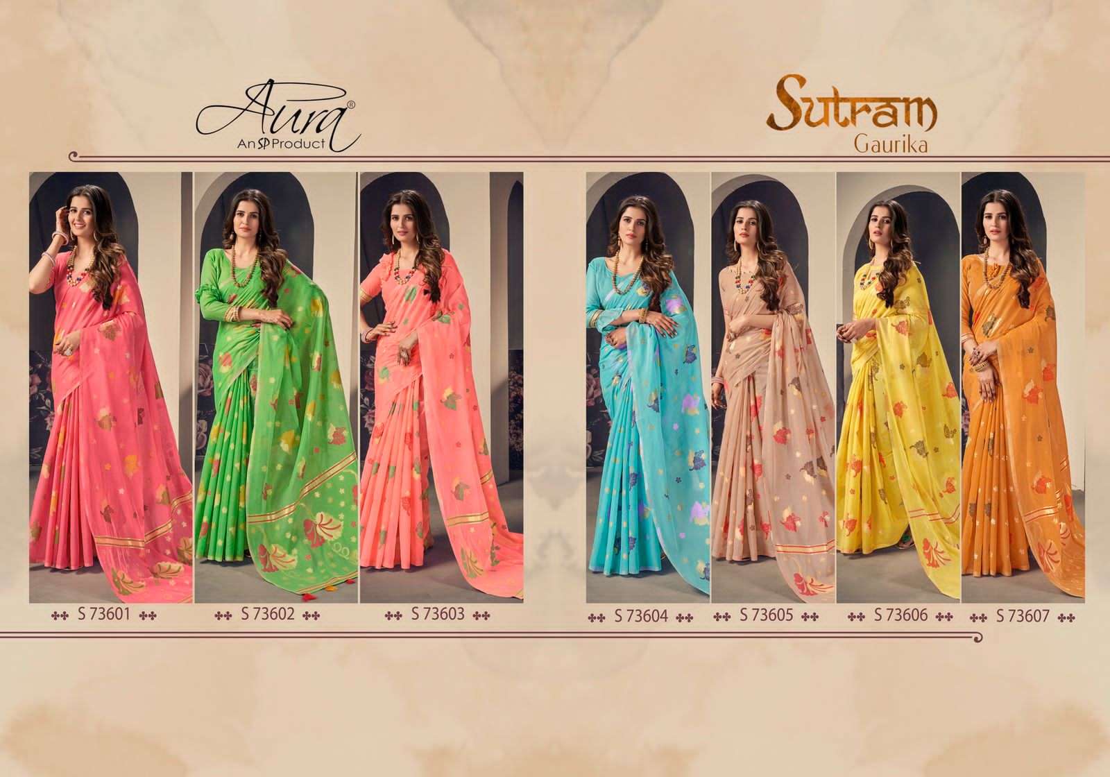 SUTRAM GAURIKA BY AURA 73601 TO 73607 SERIES INDIAN TRADITIONAL WEAR COLLECTION BEAUTIFUL STYLISH FANCY COLORFUL PARTY WEAR & OCCASIONAL WEAR COTTON SAREES AT WHOLESALE PRICE