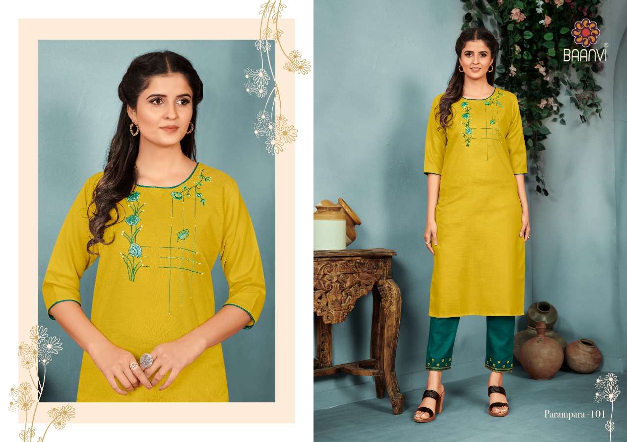 PARAMPARA VOL-1 BY BAANVI 101 TO 108 SERIES DESIGNER STYLISH FANCY COLORFUL BEAUTIFUL PARTY WEAR & ETHNIC WEAR COLLECTION COTTON EMBROIDERED KURTIS WITH BOTTOM AT WHOLESALE PRICE