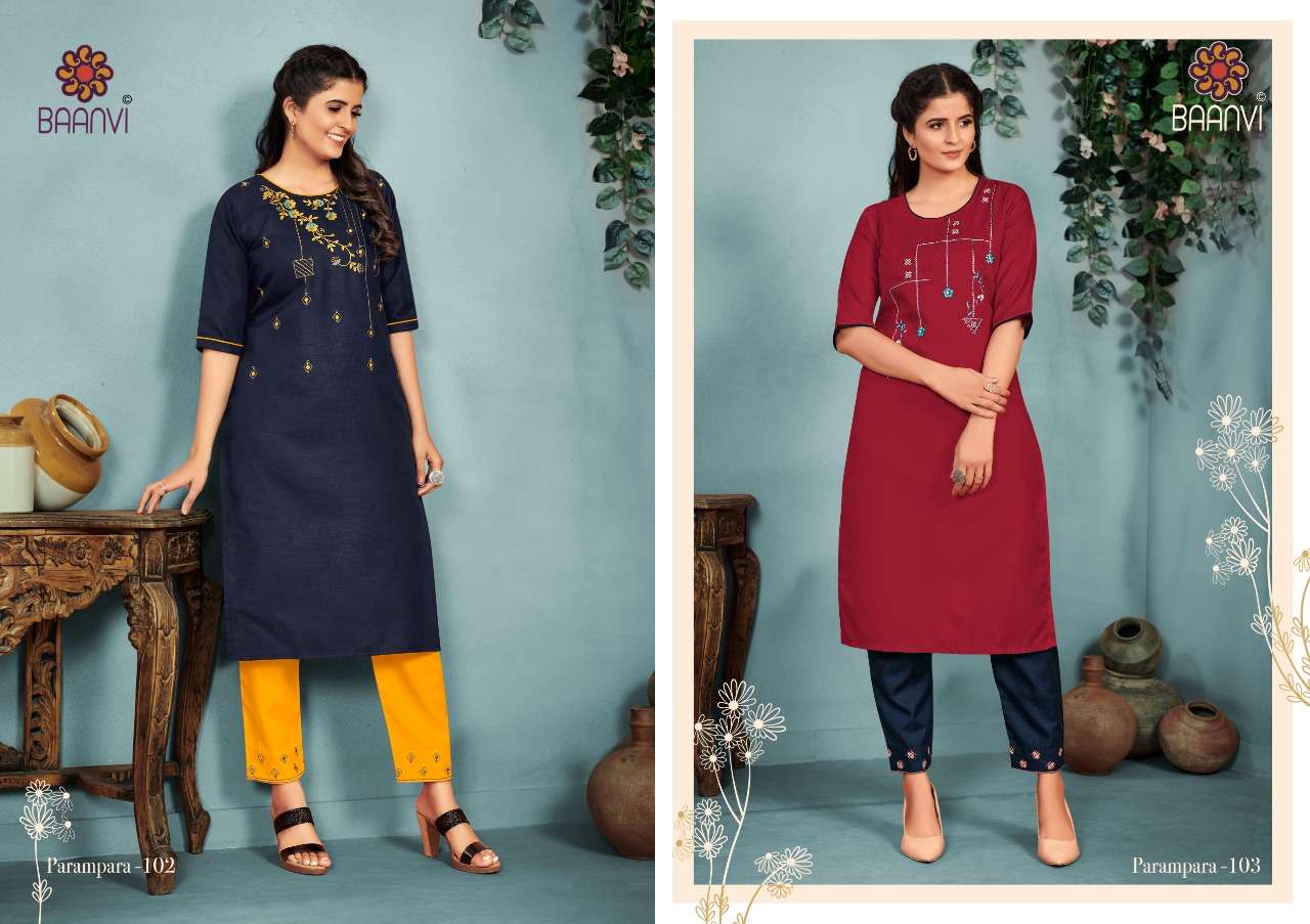 PARAMPARA VOL-1 BY BAANVI 101 TO 108 SERIES DESIGNER STYLISH FANCY COLORFUL BEAUTIFUL PARTY WEAR & ETHNIC WEAR COLLECTION COTTON EMBROIDERED KURTIS WITH BOTTOM AT WHOLESALE PRICE