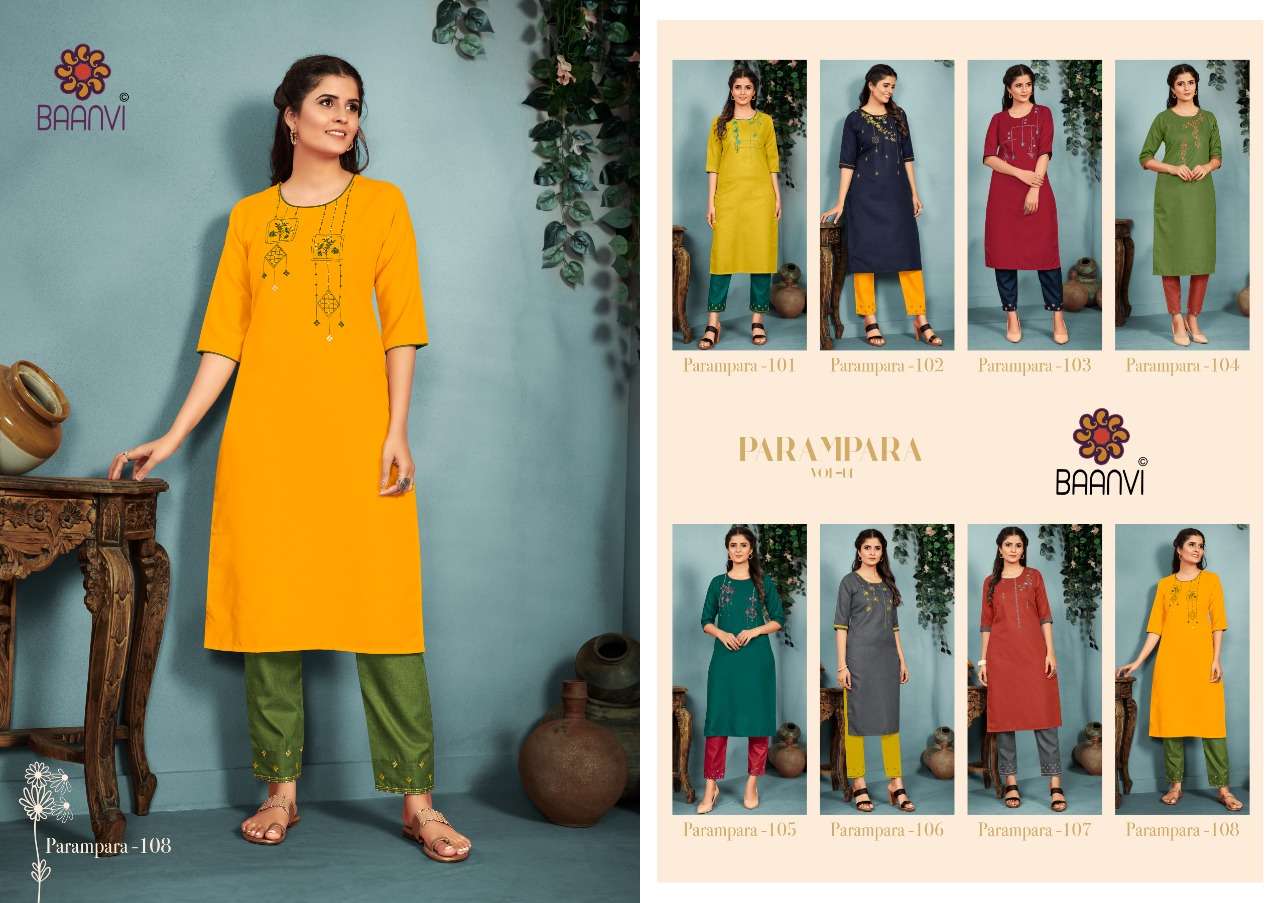 PARAMPARA VOL-1 BY BAANVI 101 TO 108 SERIES DESIGNER STYLISH FANCY COLORFUL BEAUTIFUL PARTY WEAR & ETHNIC WEAR COLLECTION COTTON EMBROIDERED KURTIS WITH BOTTOM AT WHOLESALE PRICE
