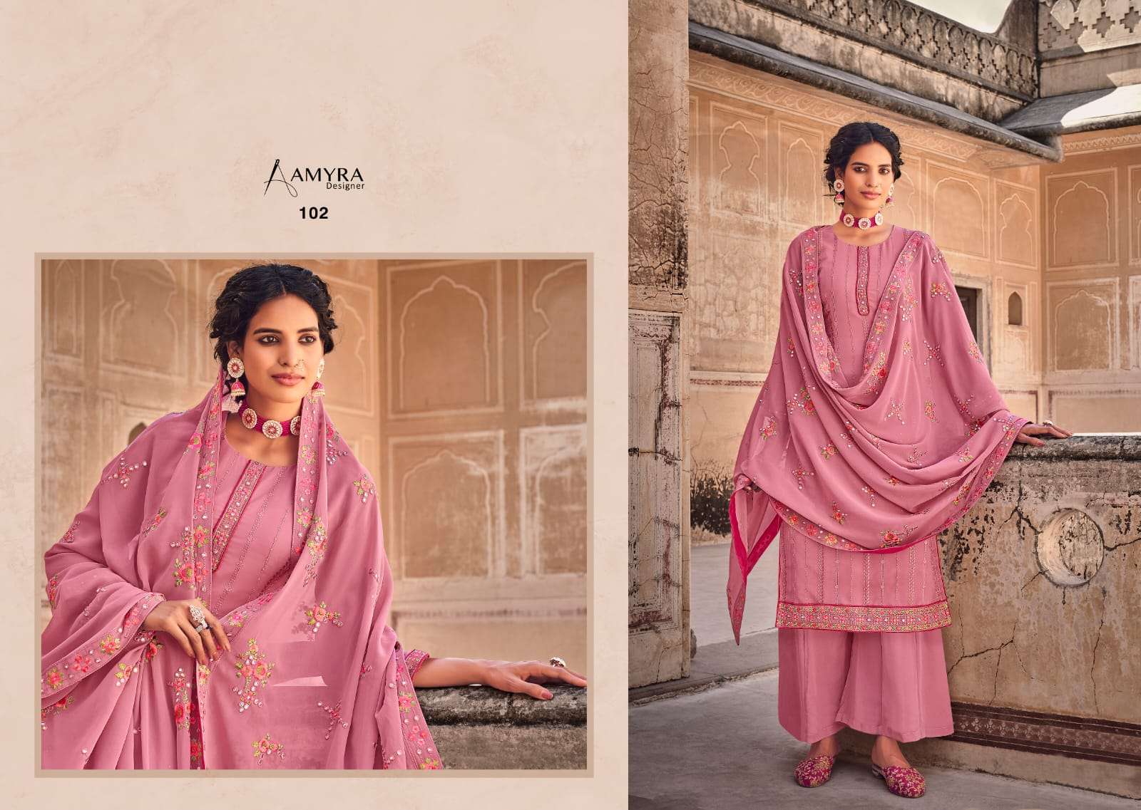 Dream By Amyra Designer 101 To 104 Series Beautiful Suits Colorful Stylish Fancy Casual Wear & Ethnic Wear Heavy Georgette Embroidered Dresses At Wholesale Price