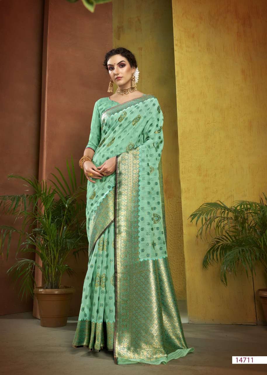 SKS LINEN-3019 BY SHAKUNT 14711 TO 14716 SERIES INDIAN TRADITIONAL WEAR COLLECTION BEAUTIFUL STYLISH FANCY COLORFUL PARTY WEAR & OCCASIONAL WEAR LINEN SAREES AT WHOLESALE PRICE