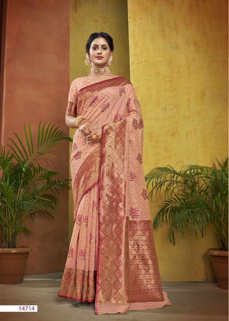 SKS LINEN-3019 BY SHAKUNT 14711 TO 14716 SERIES INDIAN TRADITIONAL WEAR COLLECTION BEAUTIFUL STYLISH FANCY COLORFUL PARTY WEAR & OCCASIONAL WEAR LINEN SAREES AT WHOLESALE PRICE