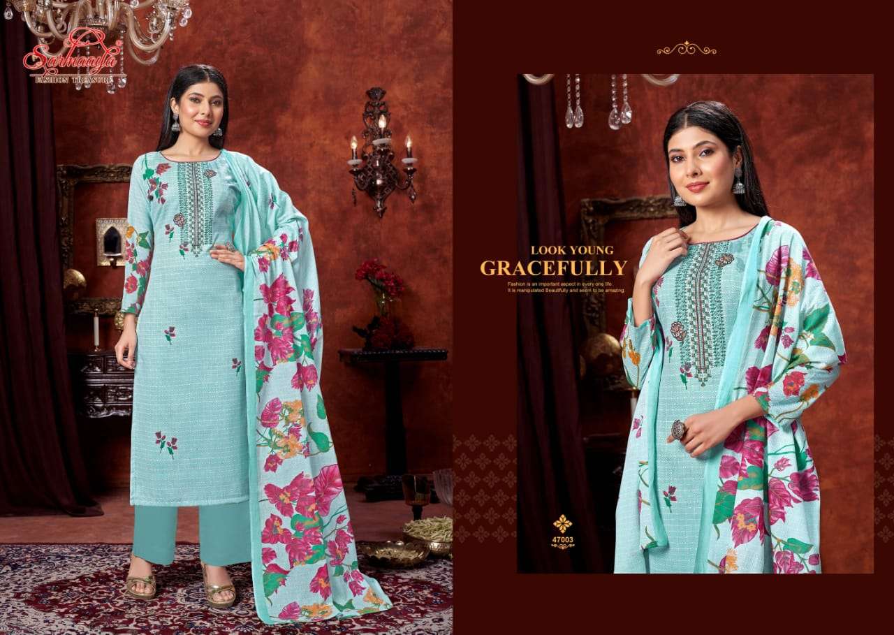 FIZA BY SARMAAYA 47001 TO 47006 SERIES BEAUTIFUL SUITS COLORFUL STYLISH FANCY CASUAL WEAR & ETHNIC WEAR LAWN COTTON DRESSES AT WHOLESALE PRICE