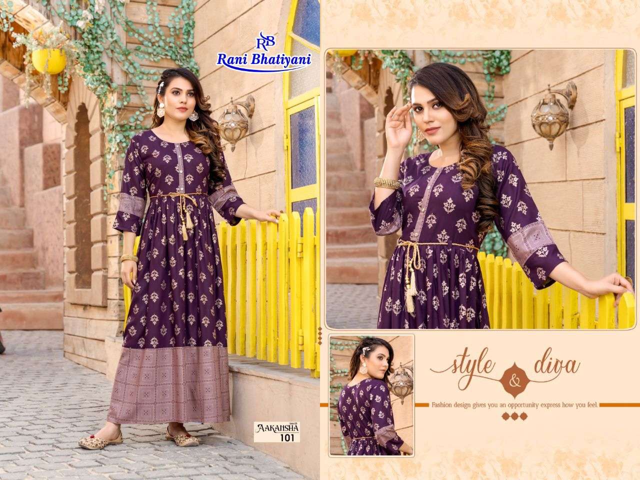 AAKANSHA VOL-1 BY RANI BHATIYANI 101 TO 108 SERIES BEAUTIFUL STYLISH FANCY COLORFUL CASUAL WEAR & ETHNIC WEAR RAYON FOIL PRINT GOWNS WITH WHOLESALE PRICE
