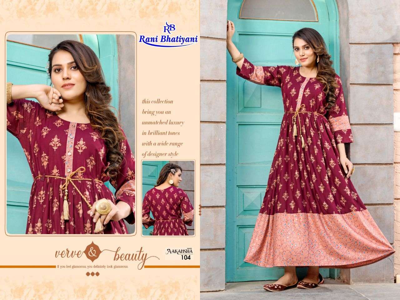 AAKANSHA VOL-1 BY RANI BHATIYANI 101 TO 108 SERIES BEAUTIFUL STYLISH FANCY COLORFUL CASUAL WEAR & ETHNIC WEAR RAYON FOIL PRINT GOWNS WITH WHOLESALE PRICE