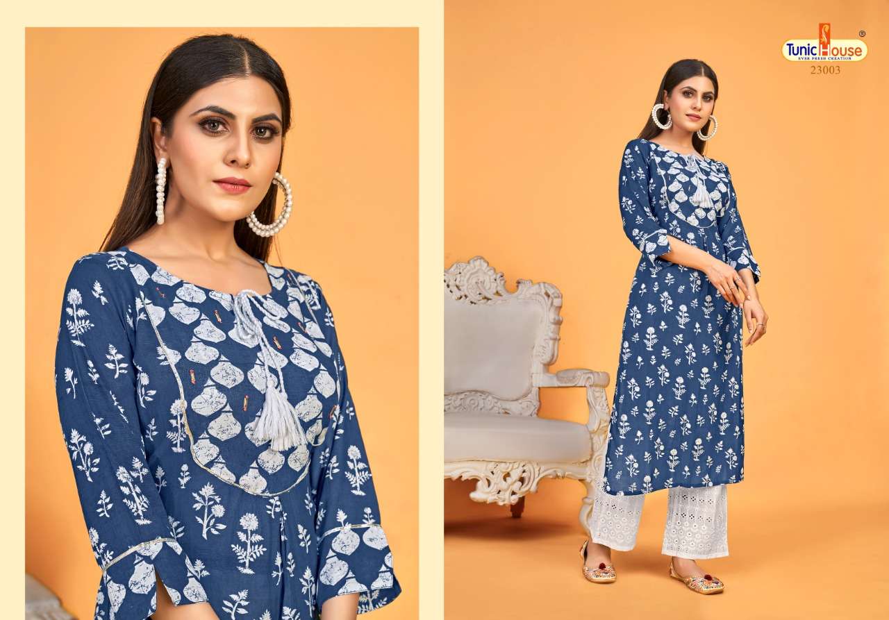 BLUE SKY BY TUNIC HOUSE 23001 TO 23004 SERIES  BEAUTIFUL STYLISH COLORFUL FANCY PARTY WEAR & ETHNIC WEAR & READY TO WEAR VISCOSE MUSLIN SILK KURTIS WITH BOTTOM AT WHOLESALE PRICE