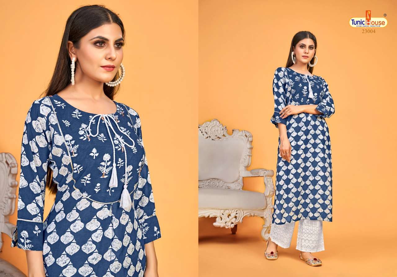 BLUE SKY BY TUNIC HOUSE 23001 TO 23004 SERIES  BEAUTIFUL STYLISH COLORFUL FANCY PARTY WEAR & ETHNIC WEAR & READY TO WEAR VISCOSE MUSLIN SILK KURTIS WITH BOTTOM AT WHOLESALE PRICE