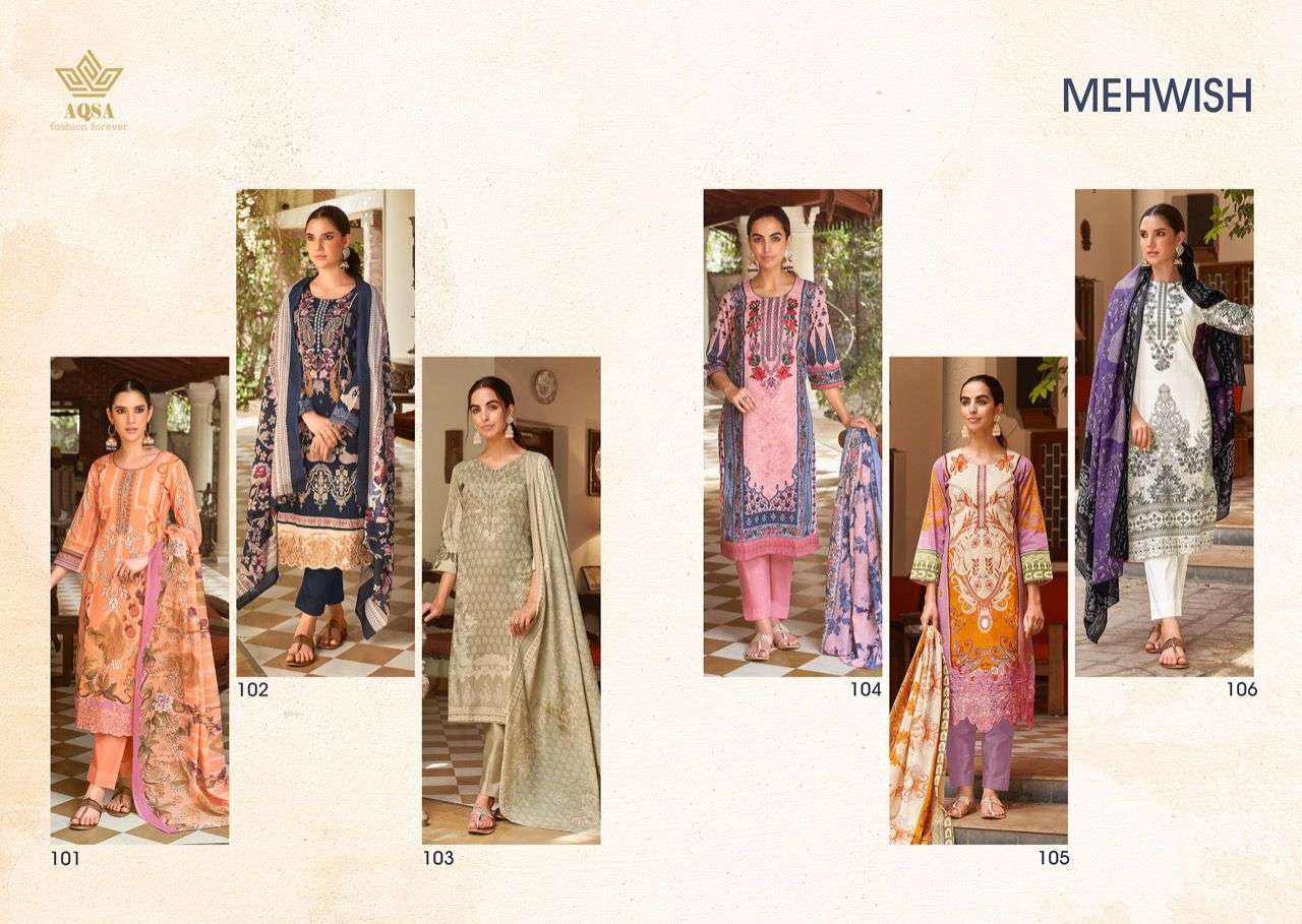 MEHWISH BY AQSA 101 TO 106 SERIES BEAUTIFUL SUITS COLORFUL STYLISH FANCY CASUAL WEAR & ETHNIC WEAR CAMBRIC PRINT DRESSES AT WHOLESALE PRICE