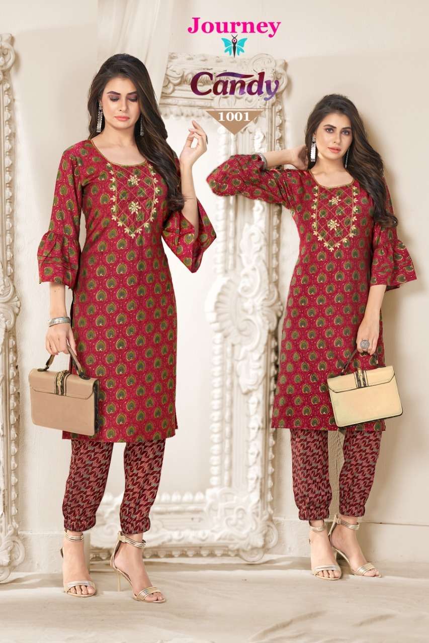 CANDY BY JOURNEY 1001 TO 1005 SERIES DESIGNER STYLISH FANCY COLORFUL BEAUTIFUL PARTY WEAR & ETHNIC WEAR COLLECTION MUSLIN WITH WORK KURTIS WITH BOTTOM AT WHOLESALE PRICE