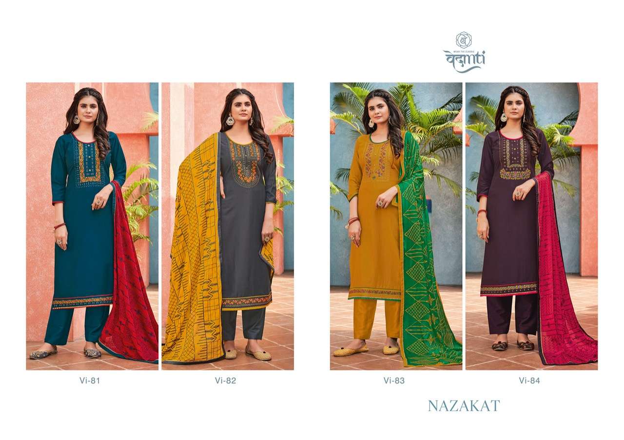 NAZAKAT BY VEDANTI 81 TO 84 SERIES BEAUTIFUL SUITS COLORFUL STYLISH FANCY CASUAL WEAR & ETHNIC WEAR PARAMPARA SILK DRESSES AT WHOLESALE PRICE