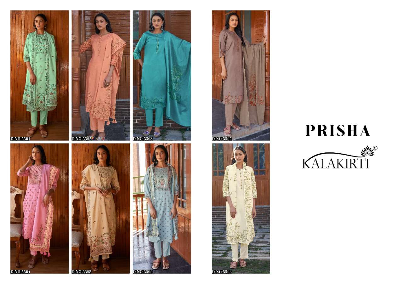 PRISHA BY KALAKIRTI 5501 TO 5508 SERIES BEAUTIFUL SUITS COLORFUL STYLISH FANCY CASUAL WEAR & ETHNIC WEAR PURE JAM SATIN PRINT DRESSES AT WHOLESALE PRICE