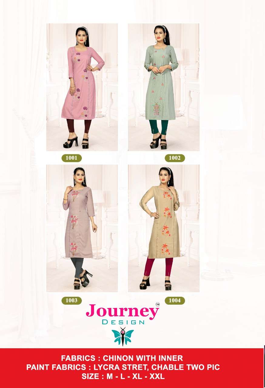 FESTIVAL BY JOURNEY 1001 TO 1004 SERIES DESIGNER STYLISH FANCY COLORFUL BEAUTIFUL PARTY WEAR & ETHNIC WEAR COLLECTION CHINNON KURTIS WITH BOTTOM AT WHOLESALE PRICE