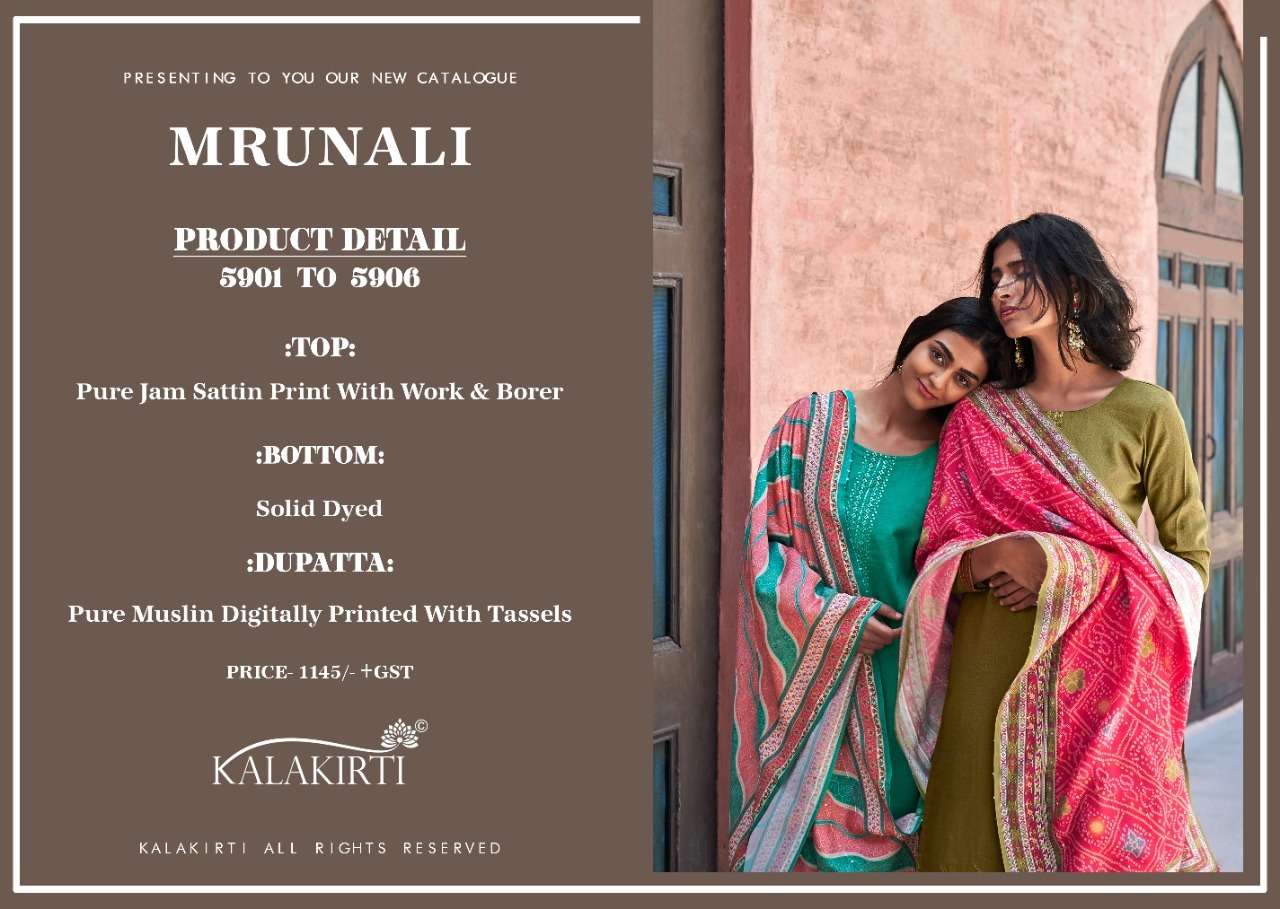 MRUNALI BY KALAKIRTI 5901 TO 5906 SERIES BEAUTIFUL SUITS COLORFUL STYLISH FANCY CASUAL WEAR & ETHNIC WEAR PURE JAM SATIN PRINT DRESSES AT WHOLESALE PRICE