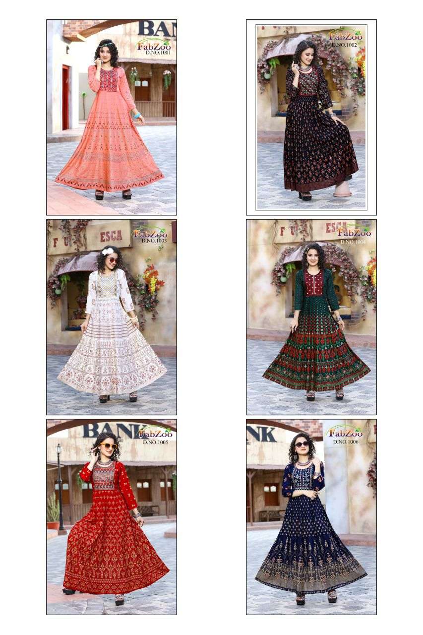 MANGO BY FAB ZOO 1001 TO 1006 SERIES BEAUTIFUL STYLISH FANCY COLORFUL CASUAL WEAR & ETHNIC WEAR RAYON GOLD PRINT GOWNS AT WHOLESALE PRICE