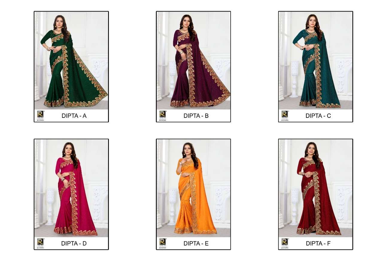 DIPTA BY RONISHA A TO F SERIES INDIAN TRADITIONAL WEAR COLLECTION BEAUTIFUL STYLISH FANCY COLORFUL PARTY WEAR & OCCASIONAL WEAR VICHITRA SILK SAREES AT WHOLESALE PRICE