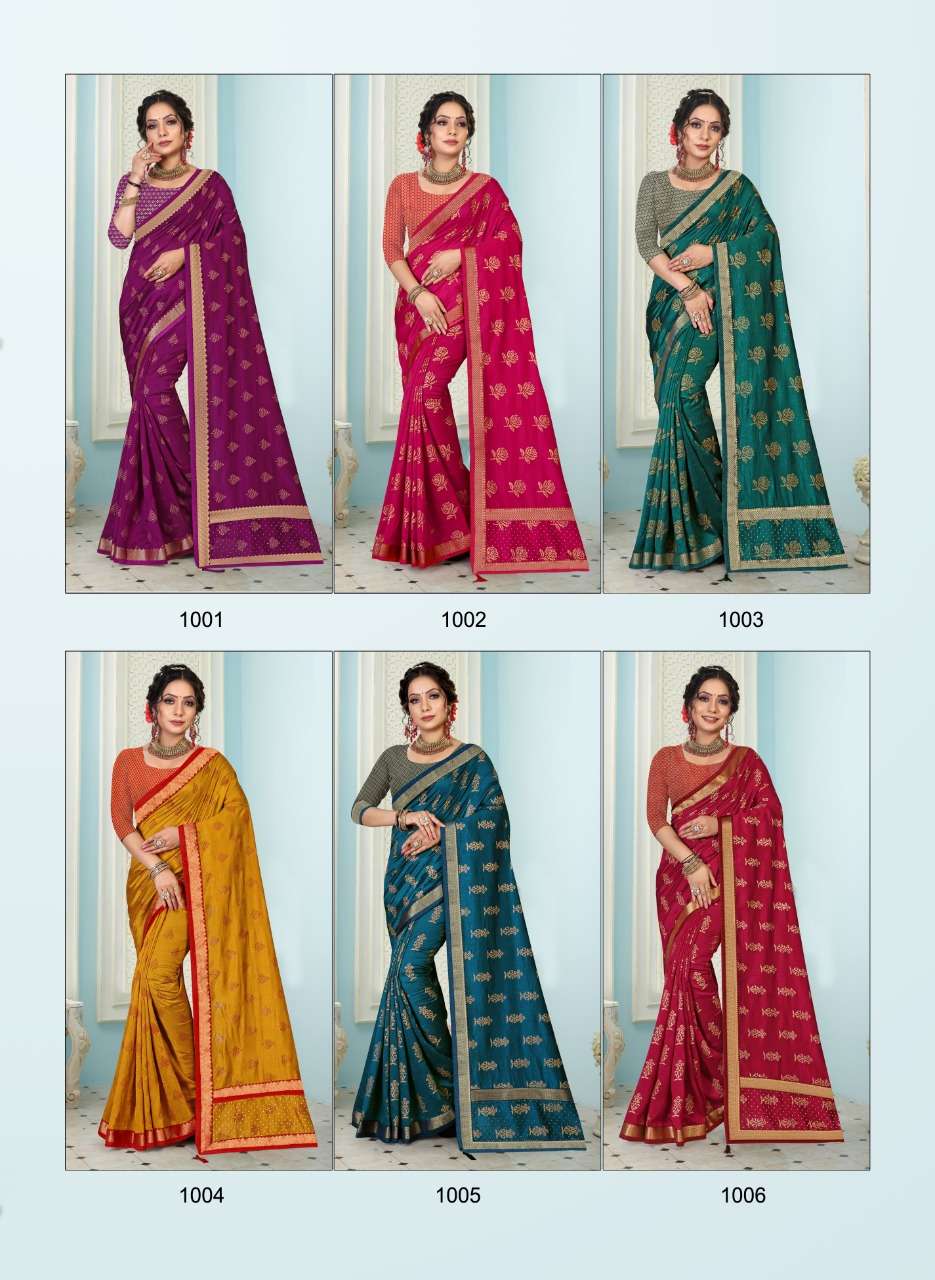 HASHTAG BY RONISHA FASHION 1001 TO 1006 SERIES INDIAN TRADITIONAL WEAR COLLECTION BEAUTIFUL STYLISH FANCY COLORFUL PARTY WEAR & OCCASIONAL WEAR VICHITRA SILK SAREES AT WHOLESALE PRICE