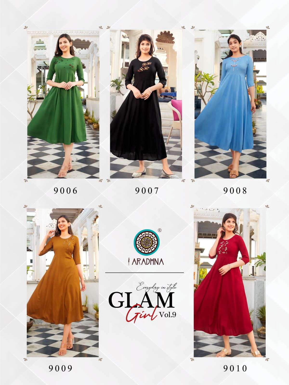 GLAM GIRL VOL-9 BY ARADHNA FASHION 9001 TO 9010 SERIES BEAUTIFUL STYLISH FANCY COLORFUL CASUAL WEAR & ETHNIC WEAR HEAVY RAYON WITH WORK KURTIS AT WHOLESALE PRICE