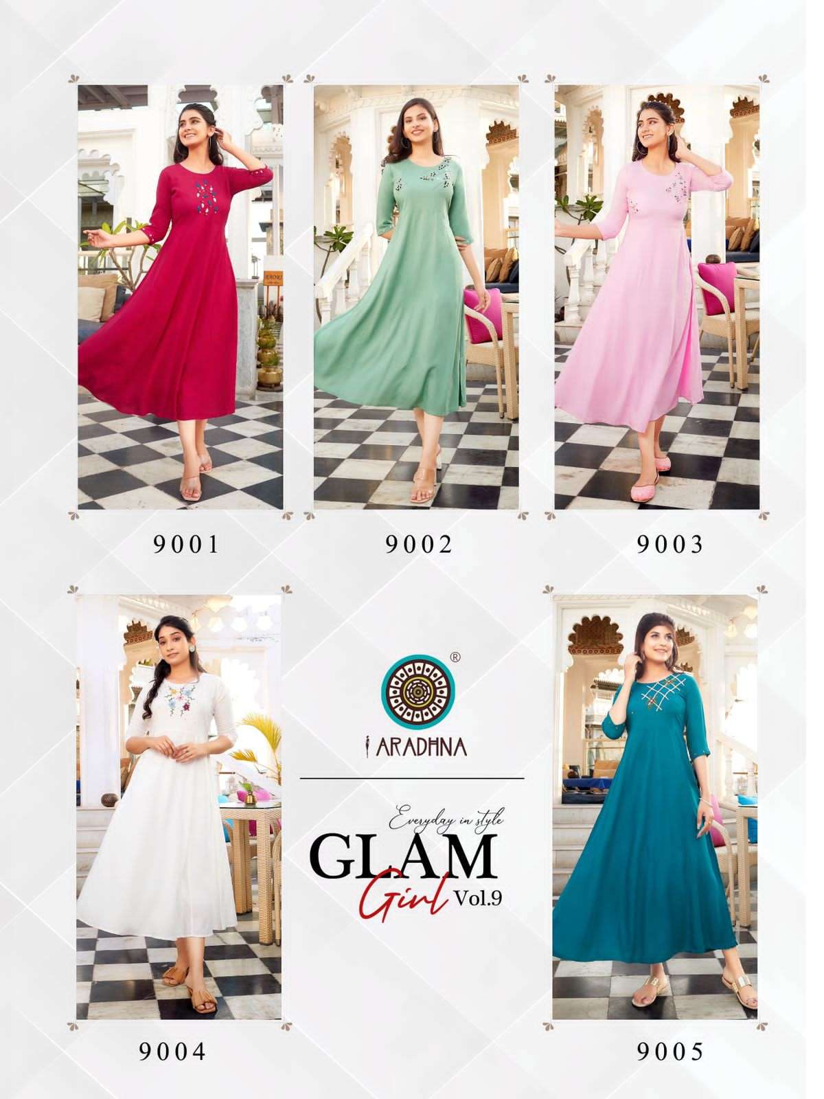 GLAM GIRL VOL-9 BY ARADHNA FASHION 9001 TO 9010 SERIES BEAUTIFUL STYLISH FANCY COLORFUL CASUAL WEAR & ETHNIC WEAR HEAVY RAYON WITH WORK KURTIS AT WHOLESALE PRICE