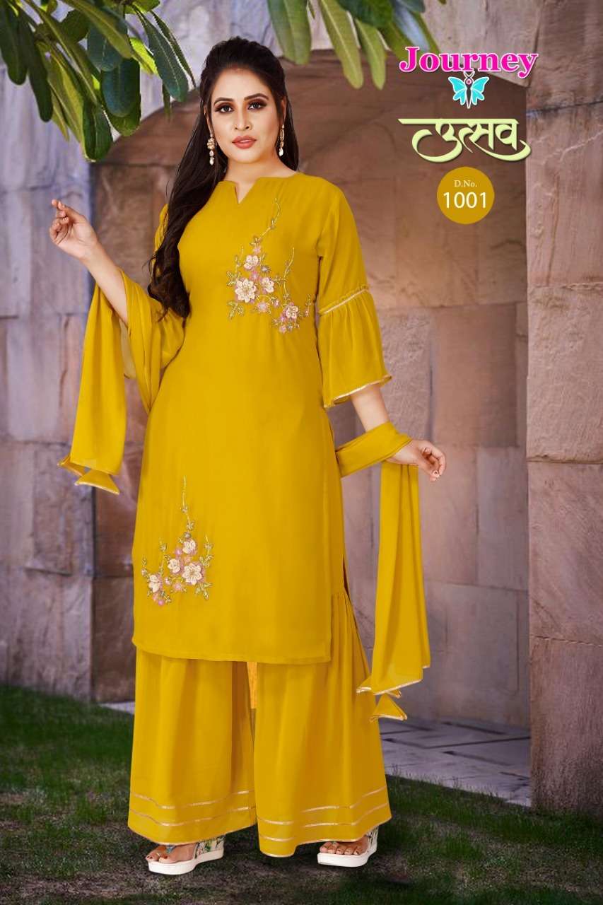 UTSAV BY JOURNEY 1001 TO 1004 SERIES BEAUTIFUL SHARARA SUITS COLORFUL STYLISH FANCY CASUAL WEAR & ETHNIC WEAR GEORGETTE WITH WORK DRESSES AT WHOLESALE PRICE