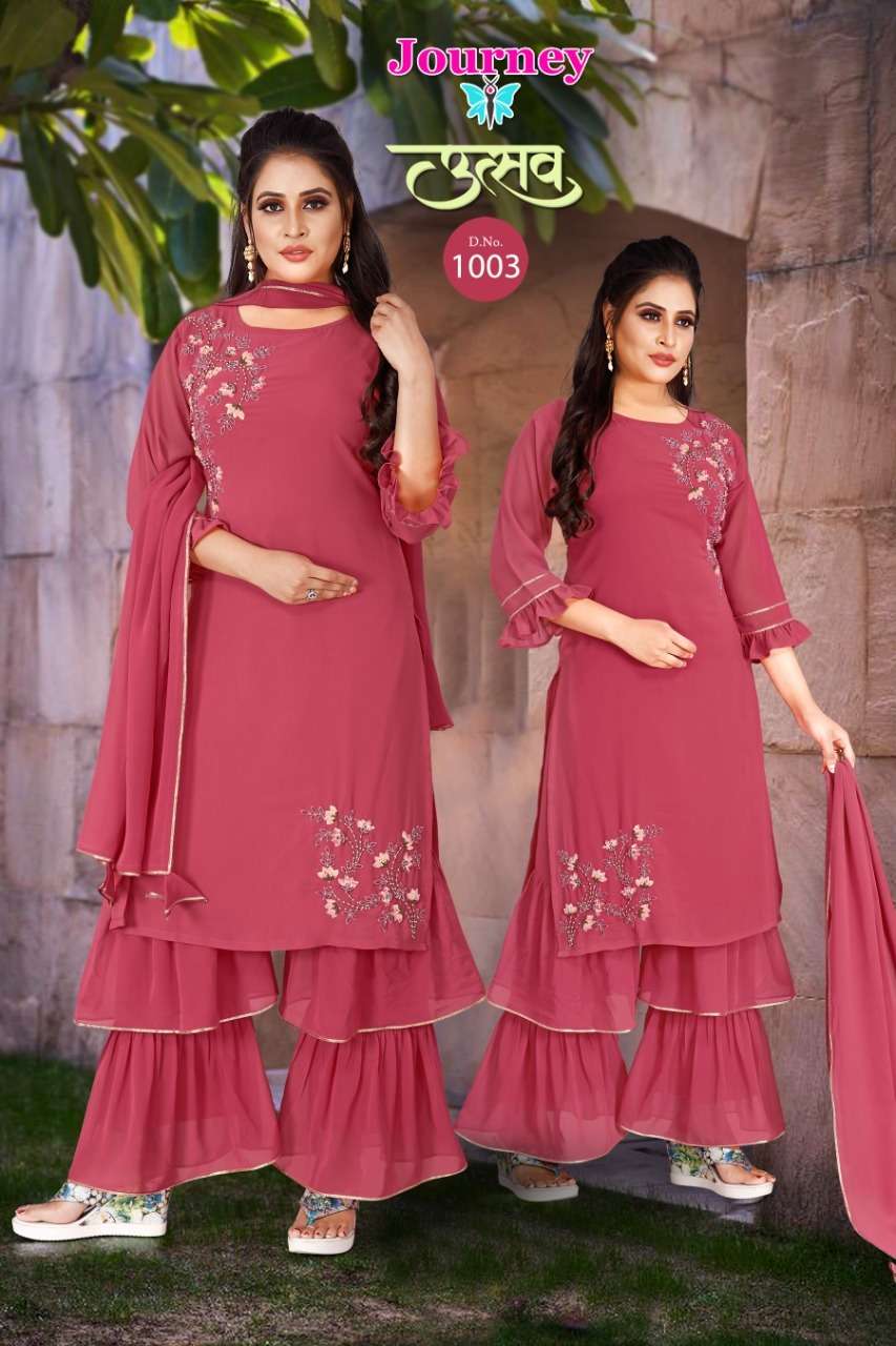 UTSAV BY JOURNEY 1001 TO 1004 SERIES BEAUTIFUL SHARARA SUITS COLORFUL STYLISH FANCY CASUAL WEAR & ETHNIC WEAR GEORGETTE WITH WORK DRESSES AT WHOLESALE PRICE