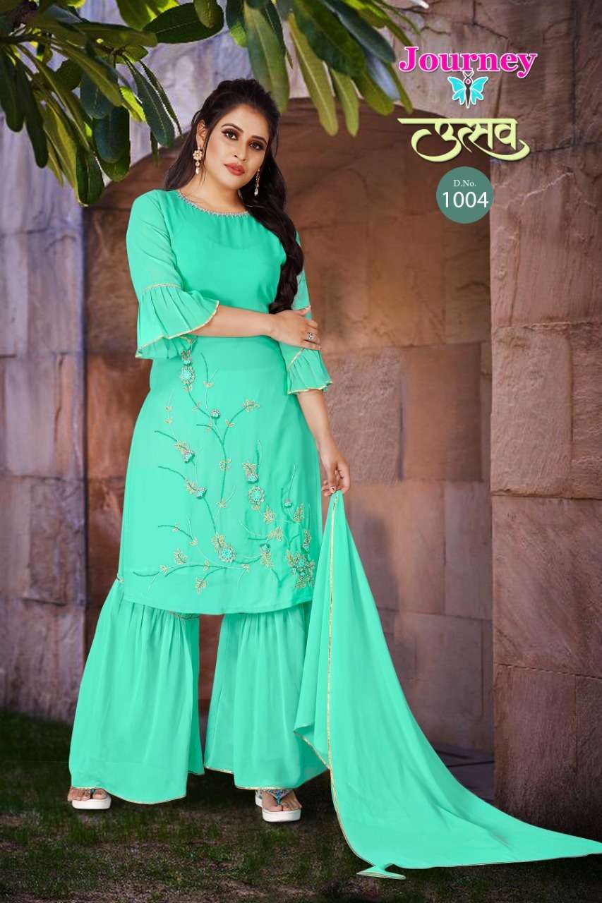 UTSAV BY JOURNEY 1001 TO 1004 SERIES BEAUTIFUL SHARARA SUITS COLORFUL STYLISH FANCY CASUAL WEAR & ETHNIC WEAR GEORGETTE WITH WORK DRESSES AT WHOLESALE PRICE