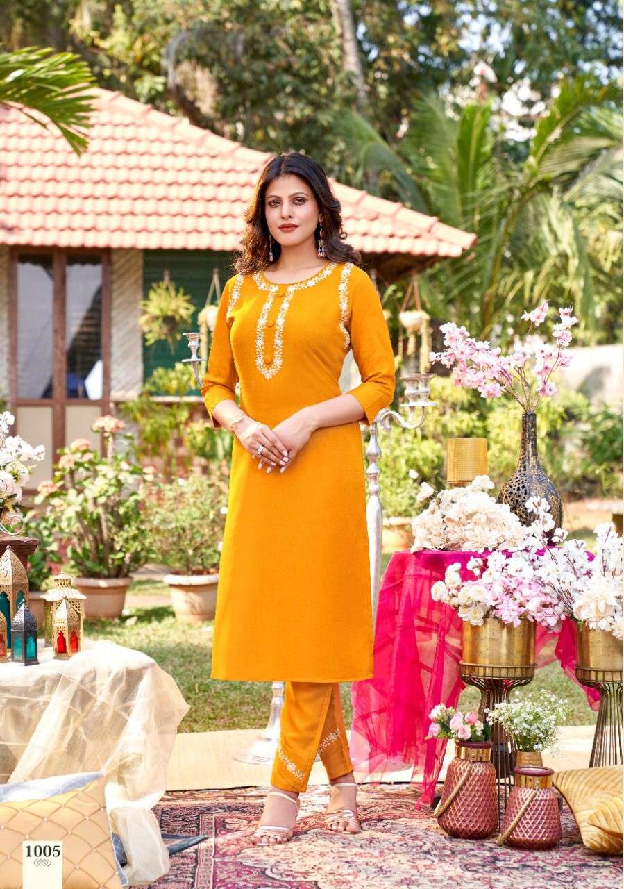 LIHAAZ BY SELESTA 1001 TO 1005 SERIES DESIGNER STYLISH FANCY COLORFUL BEAUTIFUL PARTY WEAR & ETHNIC WEAR COLLECTION COTTON EMBROIDERED KURTIS WITH BOTTOM AT WHOLESALE PRICE