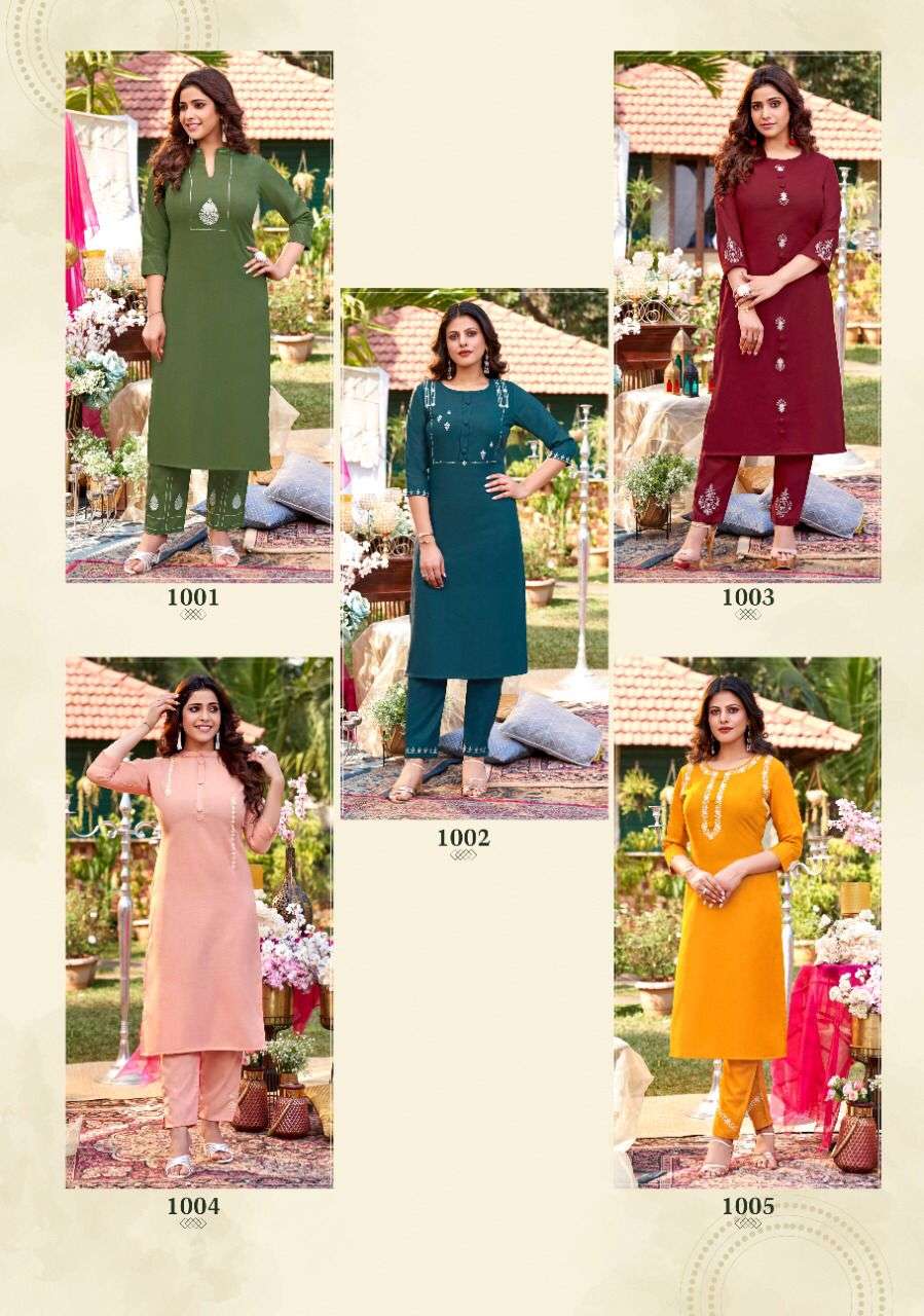 LIHAAZ BY SELESTA 1001 TO 1005 SERIES DESIGNER STYLISH FANCY COLORFUL BEAUTIFUL PARTY WEAR & ETHNIC WEAR COLLECTION COTTON EMBROIDERED KURTIS WITH BOTTOM AT WHOLESALE PRICE