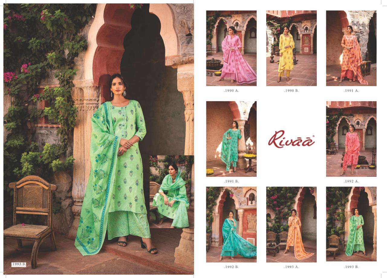 DHAARIA BY RIVAA 1990-A TO 1993-B SERIES BEAUTIFUL SUITS COLORFUL STYLISH FANCY CASUAL WEAR & ETHNIC WEAR PURE COTTON PRINT DRESSES AT WHOLESALE PRICE