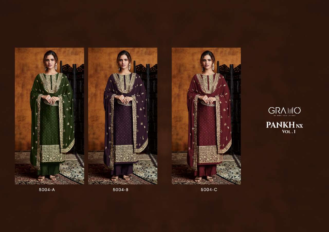 PANKH VOL-1 NX BY GRAMO 5004-A TO 5004-C SERIES BEAUTIFUL SUITS COLORFUL STYLISH FANCY CASUAL WEAR & ETHNIC WEAR HEAVY REAL GEORGETTE DRESSES AT WHOLESALE PRICE